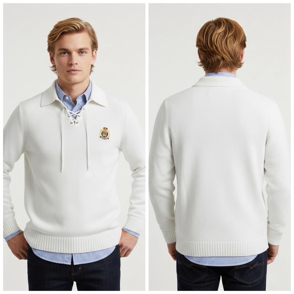 Vintage Ralph Lauren Crested Lace-Up Knit Pullover Men’s S White Preppy Sweater